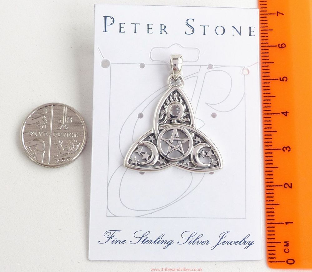 Cosmic Triquetra Triple Moon Pentacle Pendant, by Peter Stone, Sterling Silver & Rainbow Moonstone Crystal