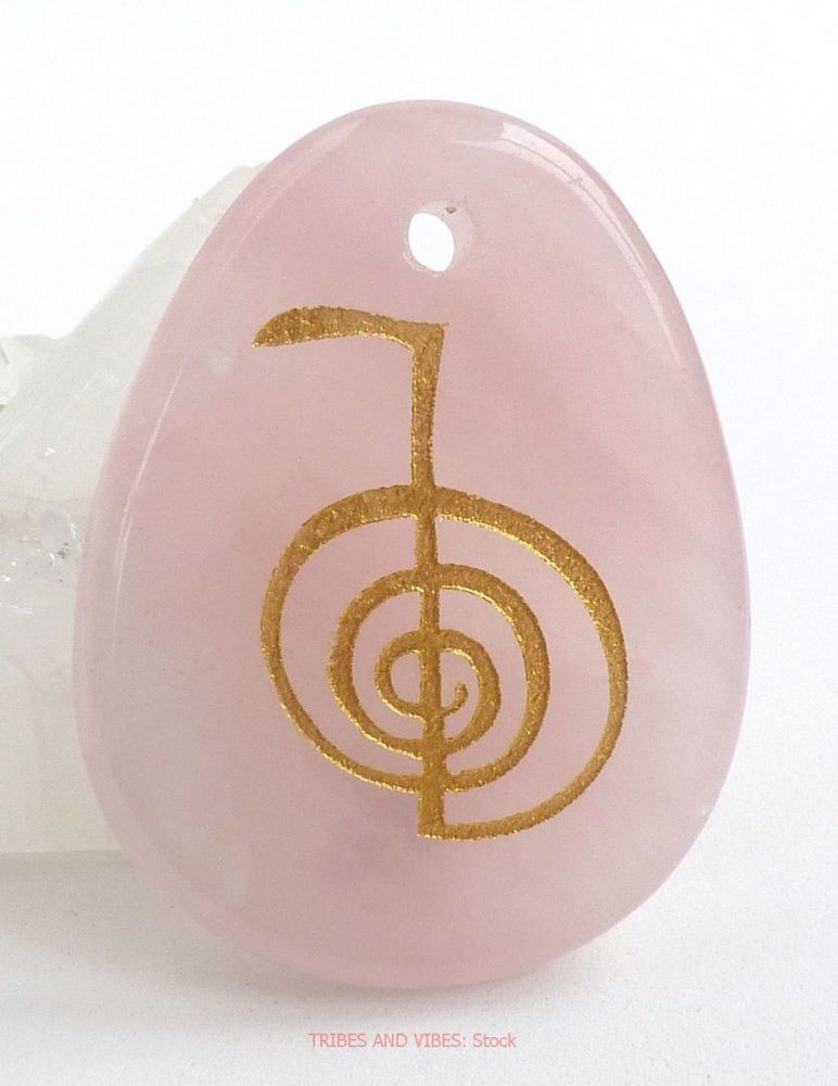 Rose Quartz Crystal Palmstone (drilled) Cho Ku Rei Symbol (stock)