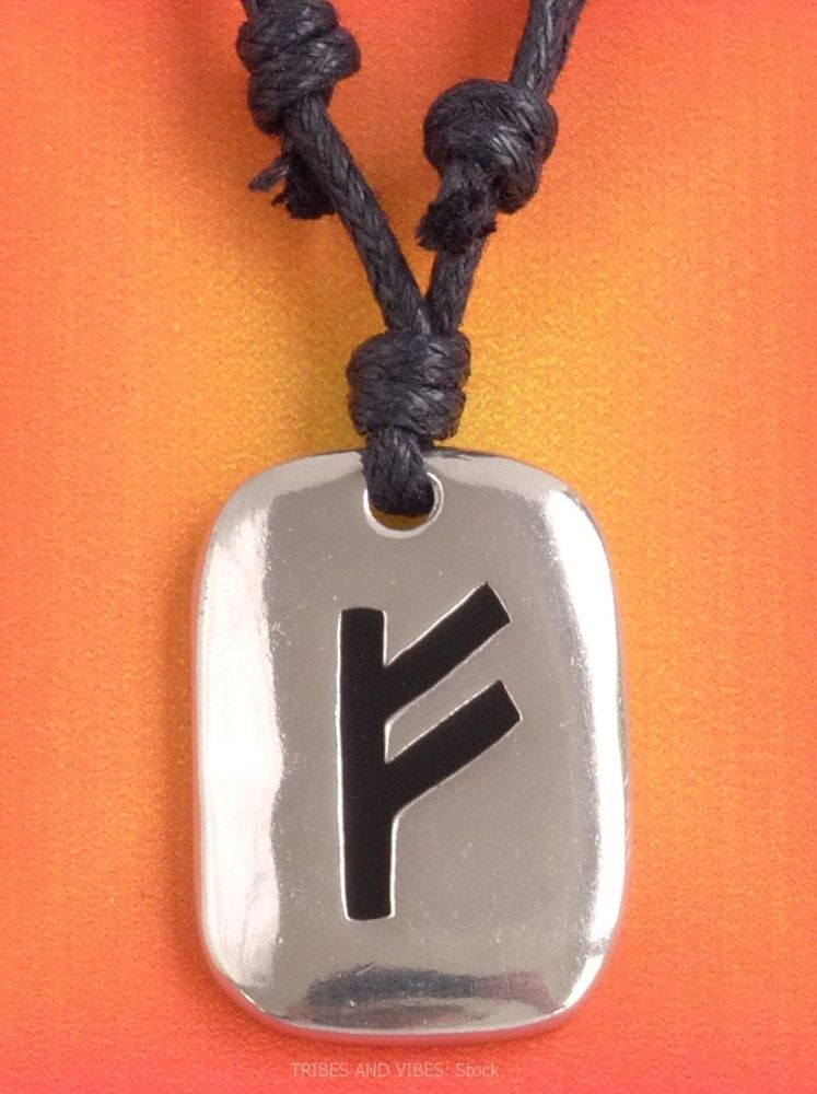 FEHU Furthark Rune Pendant & adjustable Necklace for Wealth