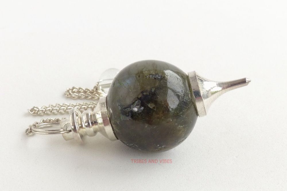 Labradorite Crystal Ball Sephoroton Dowsing Pendulum, Bead & Chain #1