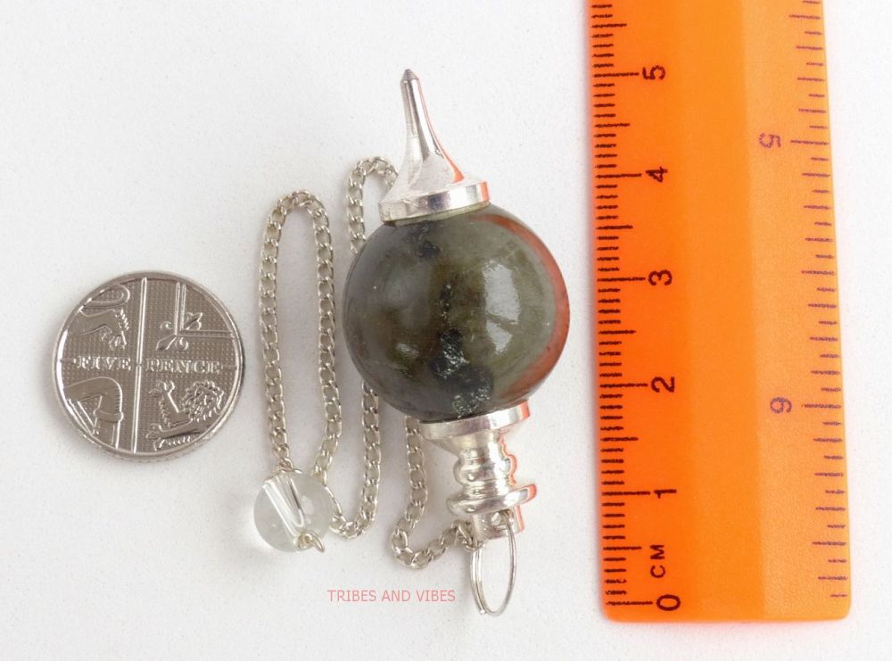 Labradorite Crystal Ball Sephoroton Dowsing Pendulum, Bead & Chain #1