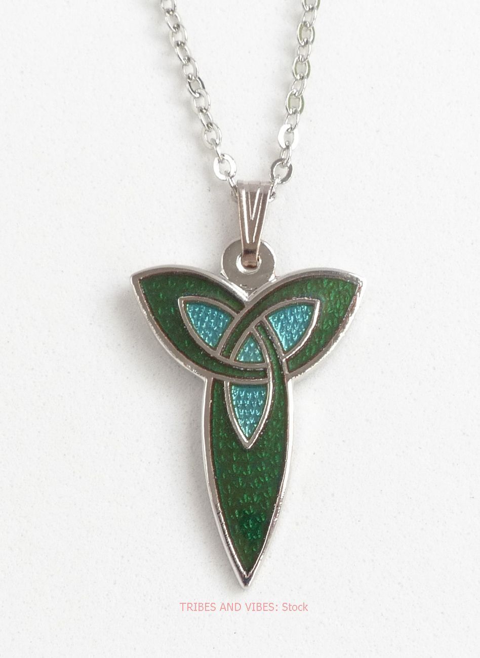 Green Aqua Triquetra Trinity Knot Pendant Silver Plate Necklace by Sea Gems