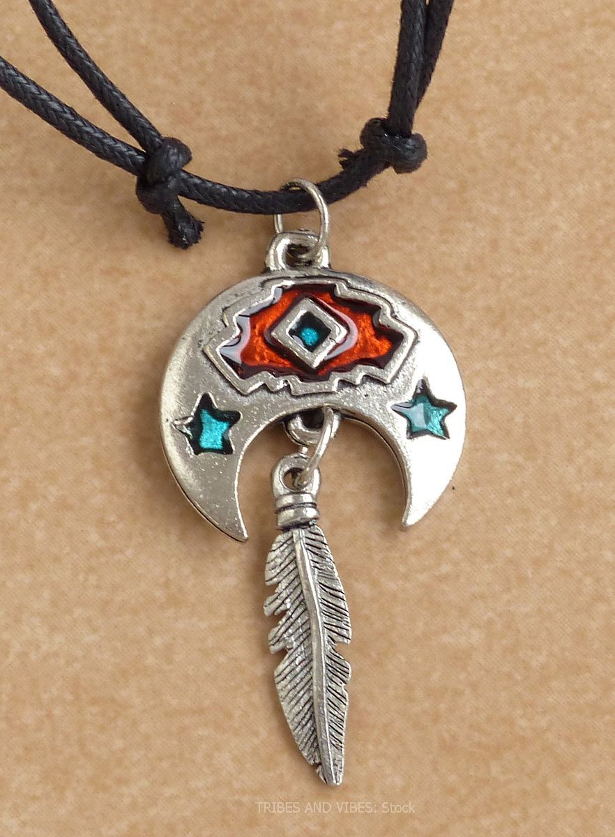 Crescent Moon, Blue Stars & Feather Pendant Necklace (stock)