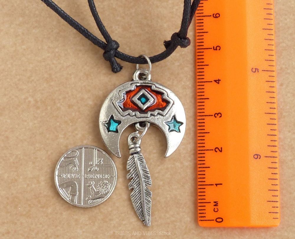 Crescent Moon, Blue Stars & Feather Pendant Necklace 47mm