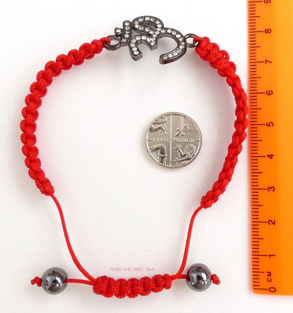 Sanskrit OM Ohm Aum Rhinestones Red Cord Bracelet