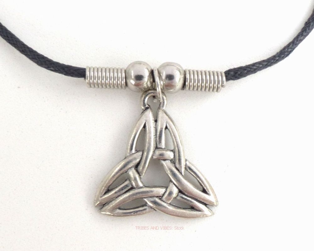 Triquetra Pendant, black cotton & metal beads Necklace