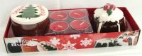 Christmas Pudding & Cake Ceramic T-Light Holders Set & four red T-Light Candles