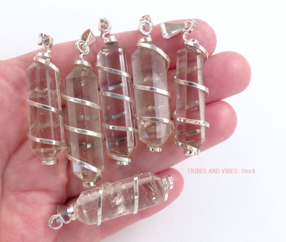 Quartz (Smoky, Smokey) Crystal Pendant spiral wire wrapped, 50mm-55mm