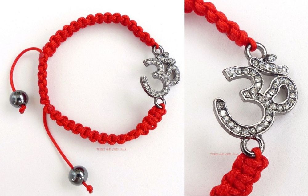 Sanskrit OM Ohm Aum Rhinestones Red Cord Bracelet
