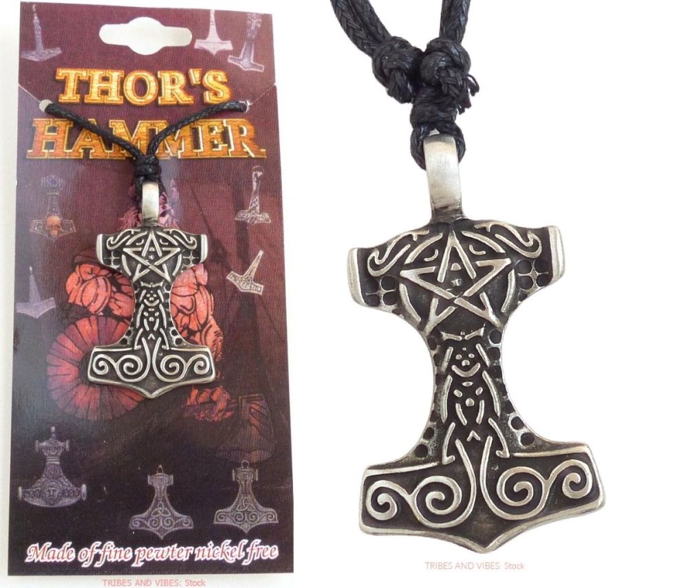 Thors Hammer Pentagram Mjollnir Pendant Necklace & Card