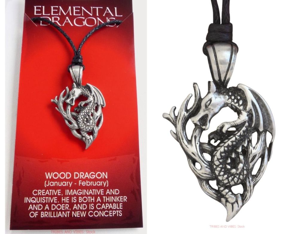 Chinese WOOD DRAGON Pendant Necklace for 1964 1965 & Card