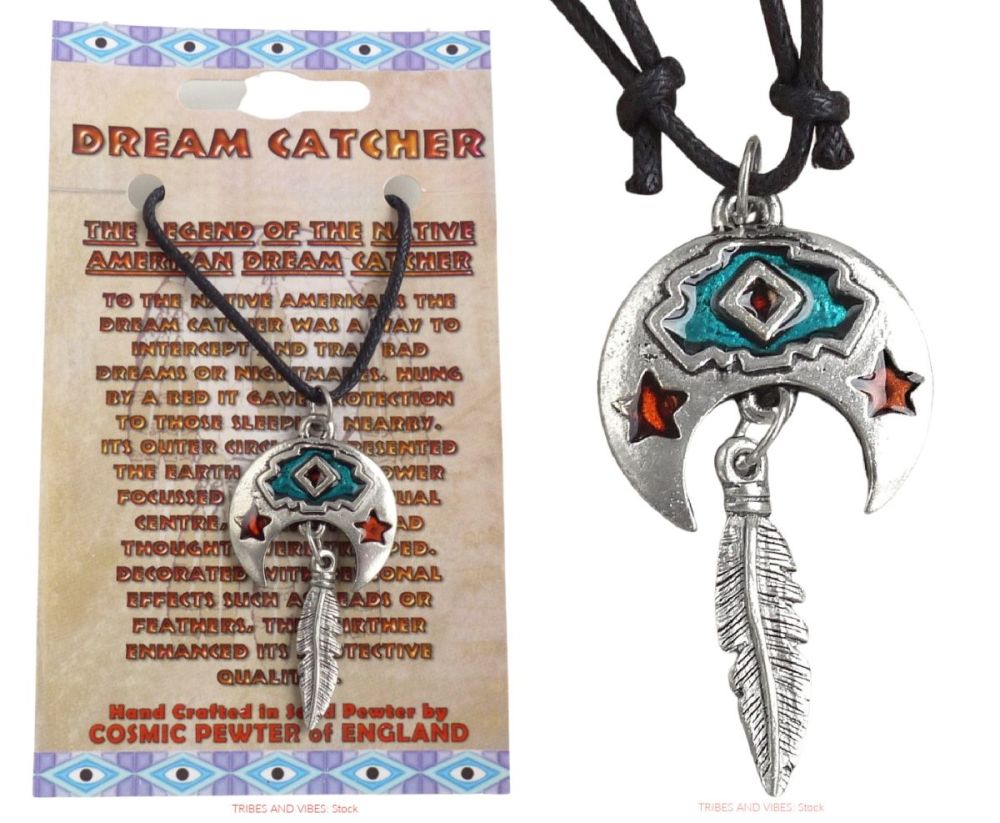 Crescent Moon, Orange Stars & Feather Pendant Necklace & Card