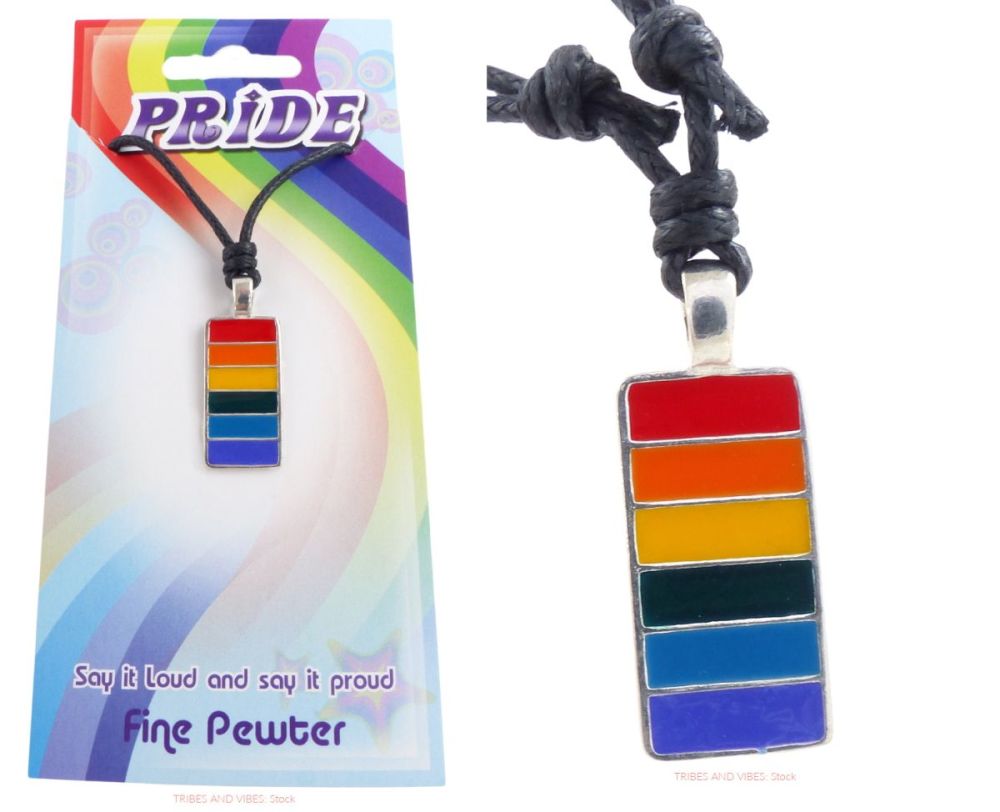 Rainbow Long Bar LGBT Pewter Pendant Necklace & Card