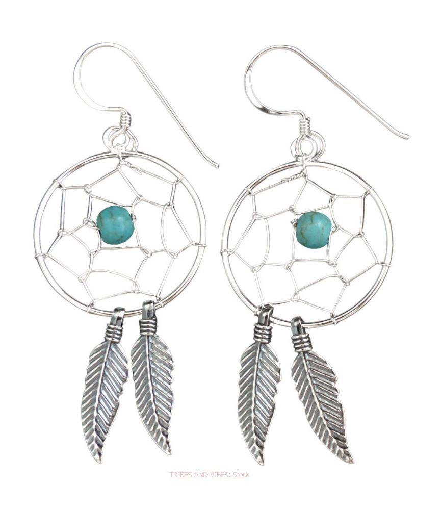 Dream Catcher Earrings, Sterling Silver & Turquoise Crystal Bead