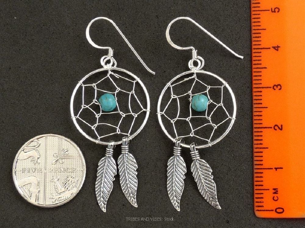 Dream Catcher Earrings, Sterling Silver & Turquoise Crystal Bead