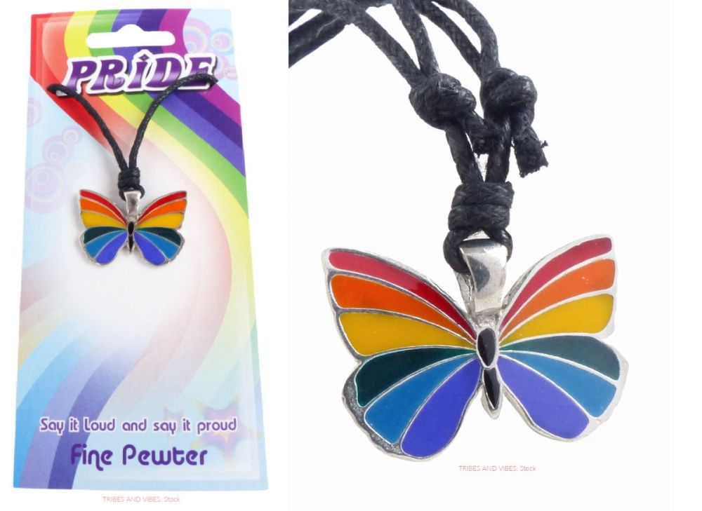 Rainbow Butterfly LGBT Pewter Pendant Necklace & Card