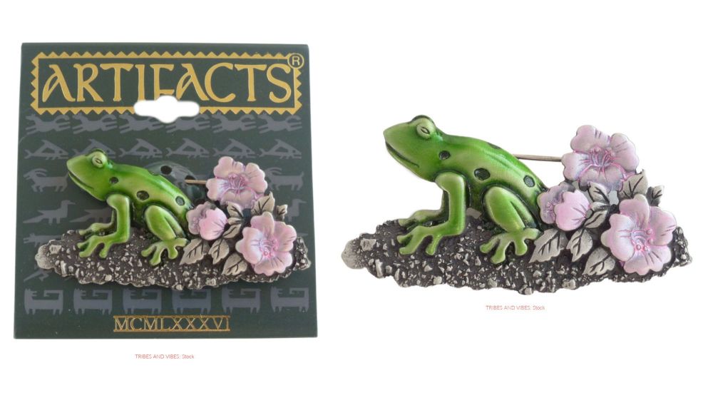 Green Frog & Pink Flowers Brooch by JJ Jonette Jewellery (stock)
