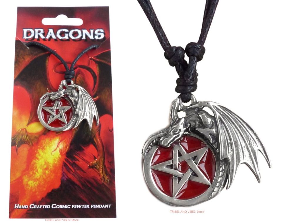 Dragon with Pentagram Pendant Necklace (red enamel)