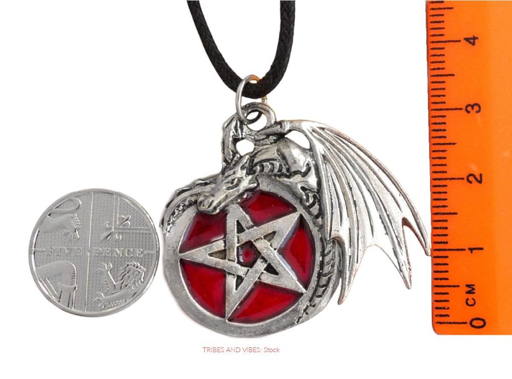 Dragon with Pentagram Pendant Necklace (red enamel)