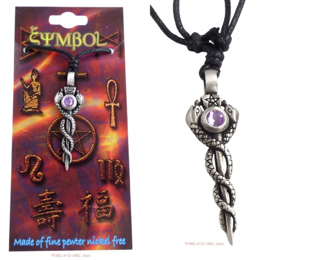 Pagan Rod with Pentagram Snakes & Bead Pendant Necklace & Card