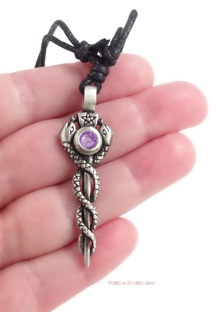 Pagan Healing & Protection Pendant Necklace with Snakes Rod Pentagram & Bead