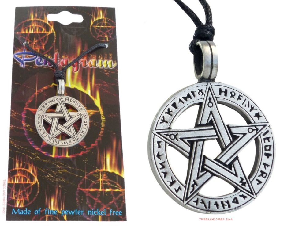Pentagram Pentacle + Runes Pendant Necklace (stock)