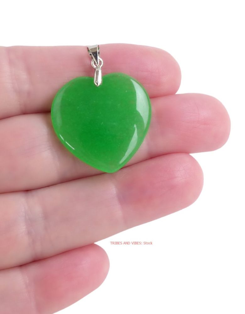 Green Jade Crystal Heart Pendant (Tibetan Silver) 25mm x 24mm