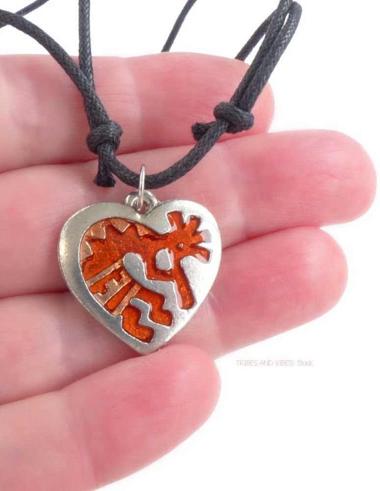 Kokopelli Heart Pendant Necklace (choose Blue or Orange)