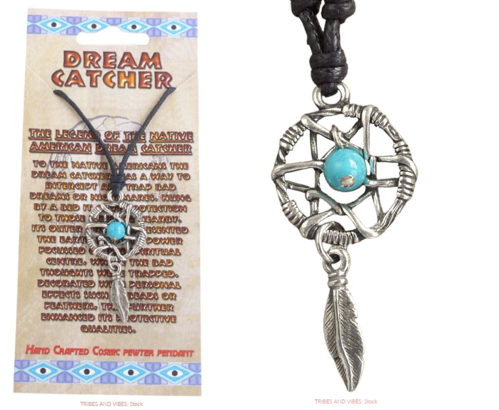 Dream Catcher faux-turquoise Bead Pewter Pendant Necklace (stock)