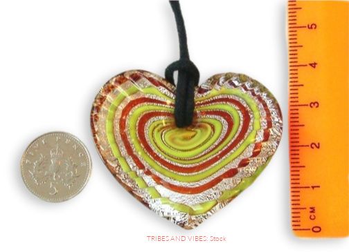 Glass Heart Pendant Necklace: Lime Green, Silver, Orange