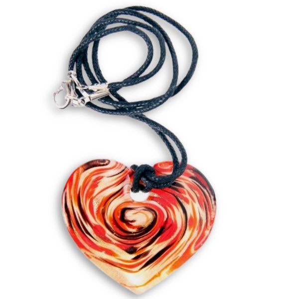 Glass Heart Pendant Necklace: Red, Gold, Orange Swirl