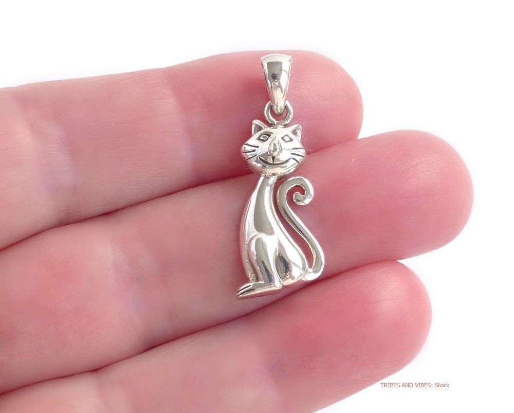 Cat Happy Kitty Curly Tail Pendant, Sterling Silver by Sea Gems