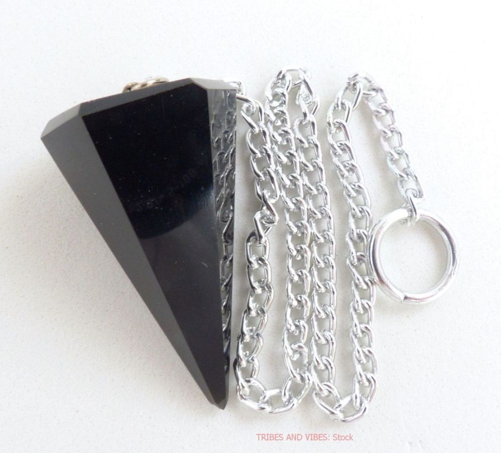 Black Obsidian Crystal Dowsing Pendulum & Chain (stock)
