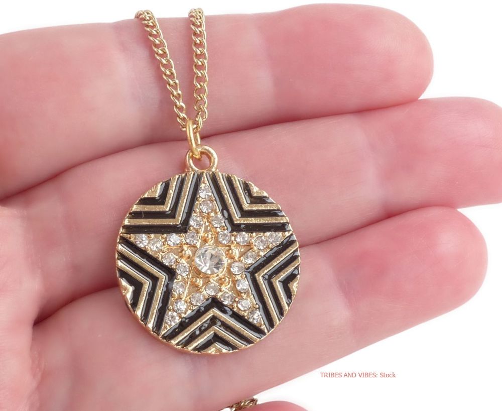 Pentagram 5-point Star Rhinestones Pendant Necklace (Gold Plate)