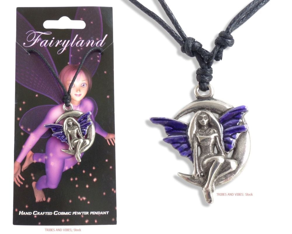Fairy on Crescent Moon Pendant Purple Wings Faerie adjustable Necklace