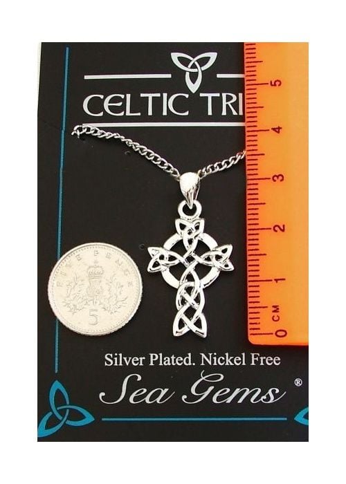 Celtic Cross & Triquetra Knotwork Pendant Necklace (Silver Plate)