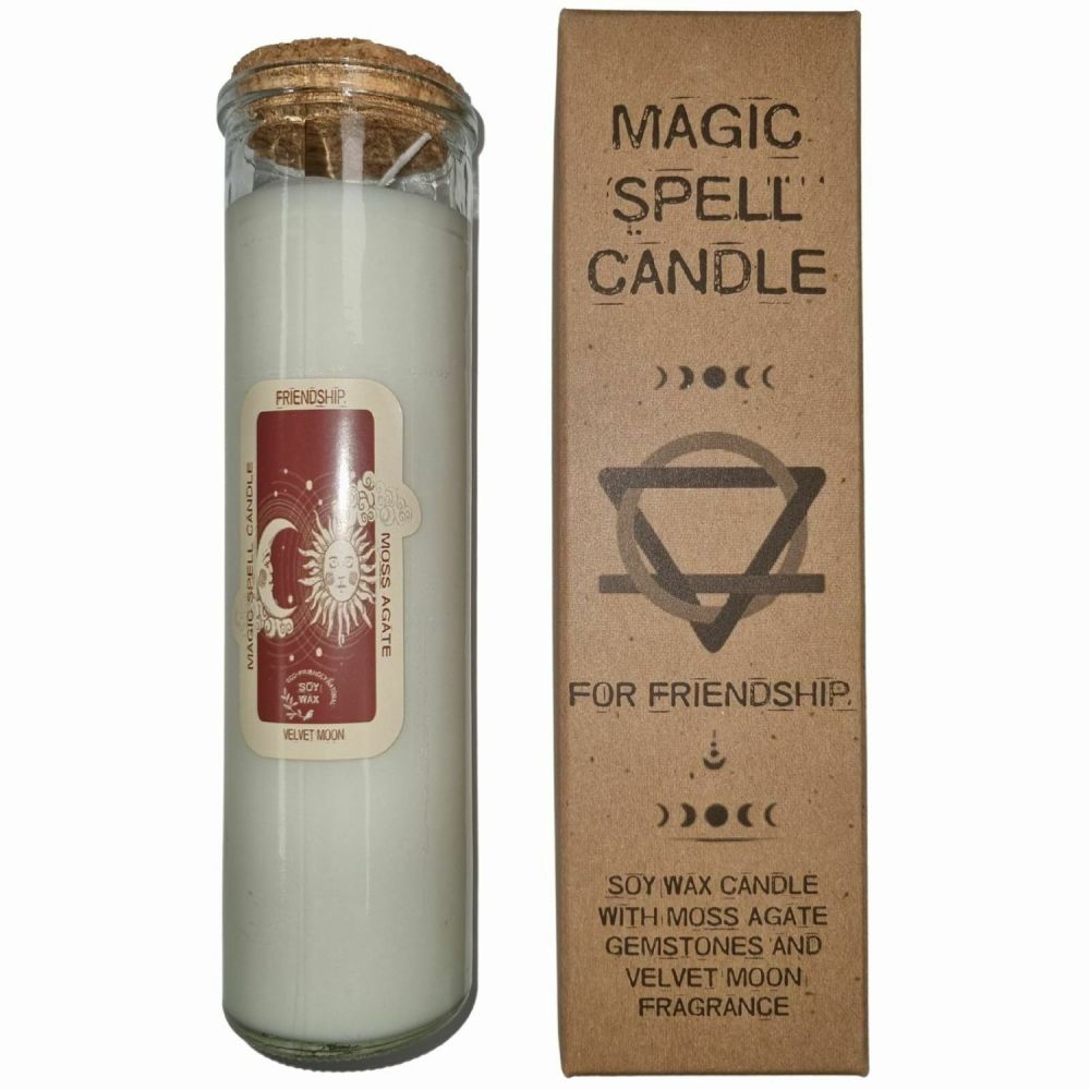 Magic Spell Candle for Friendship with Moss Agate Crystal Gemstones (stock)