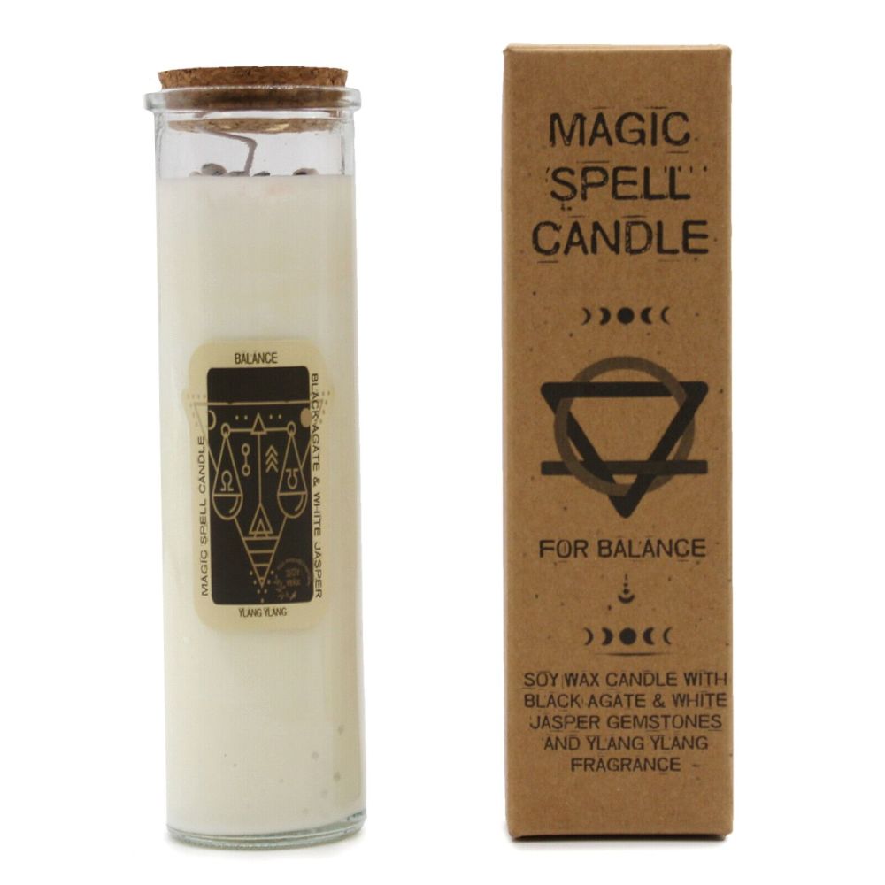 Magic Spell Candle for Balance with Black Agate White Jasper Crystals