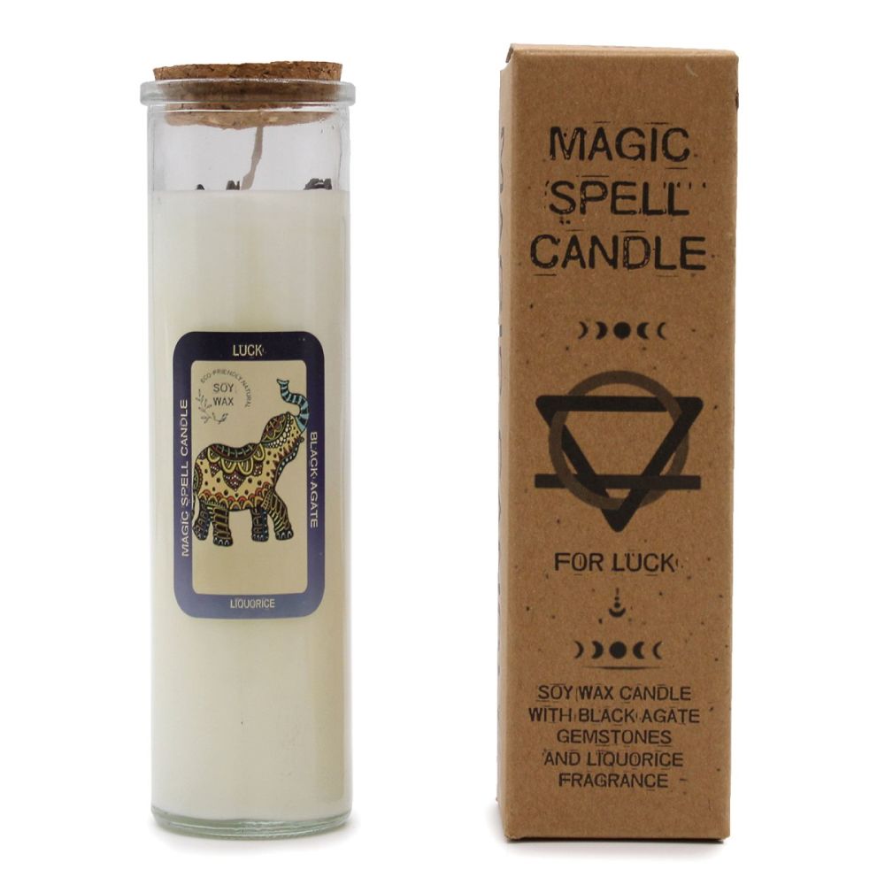 Magic Spell Candle for LUCK with Black Agate Crystal Gemstones gift boxed