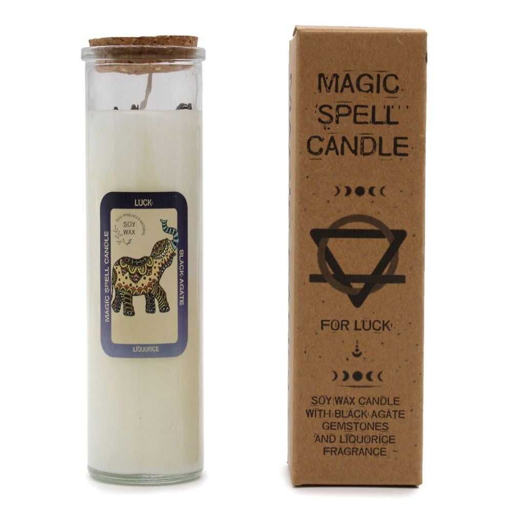 Magic Spell Candle for LUCK with Black Agate Crystal Gemstones