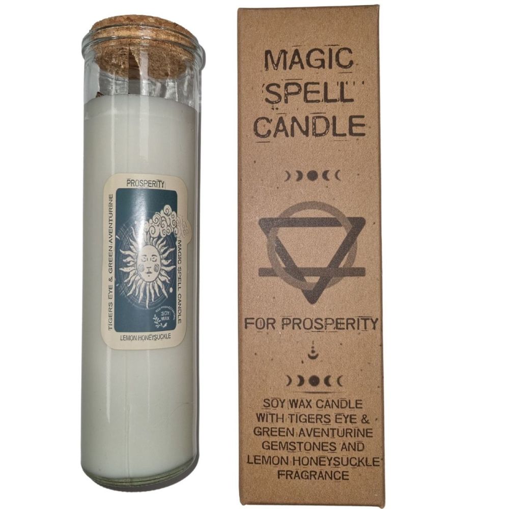 Magic Spell Candle for PROSPERITY with Tigers Eye Green Aventurine Crystal Gemstones