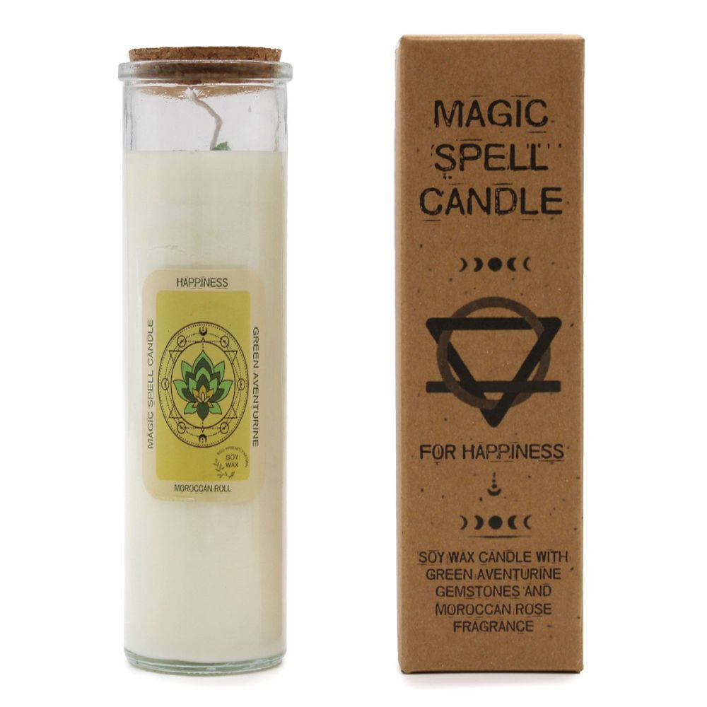 Magic Spell Candle for HAPPINESS  with Green Aventurine Crystal Gemstones