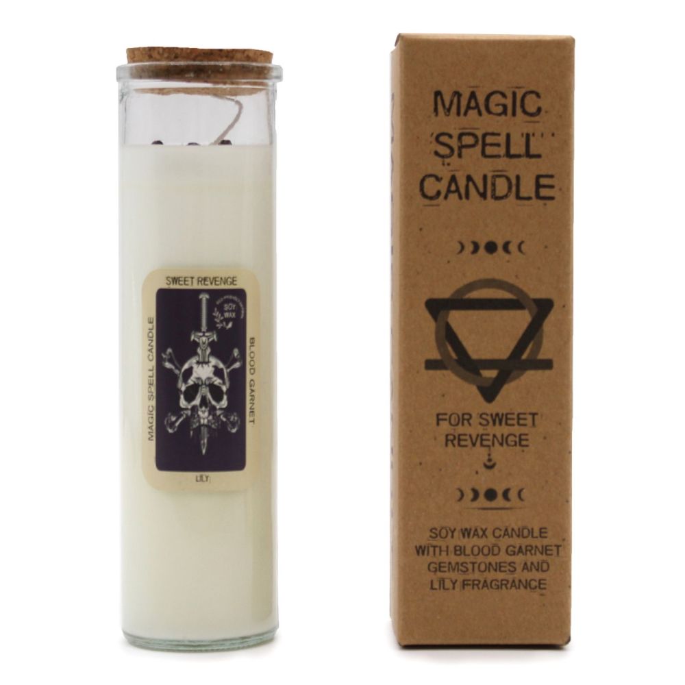 Magic Spell Candle for SWEET REVENGE with Blood Garnet Crystal Gemstones gi