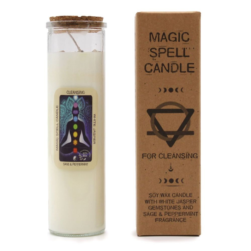 Magic Spell Candle for CLEANSING with White Jasper Crystal Gemstones