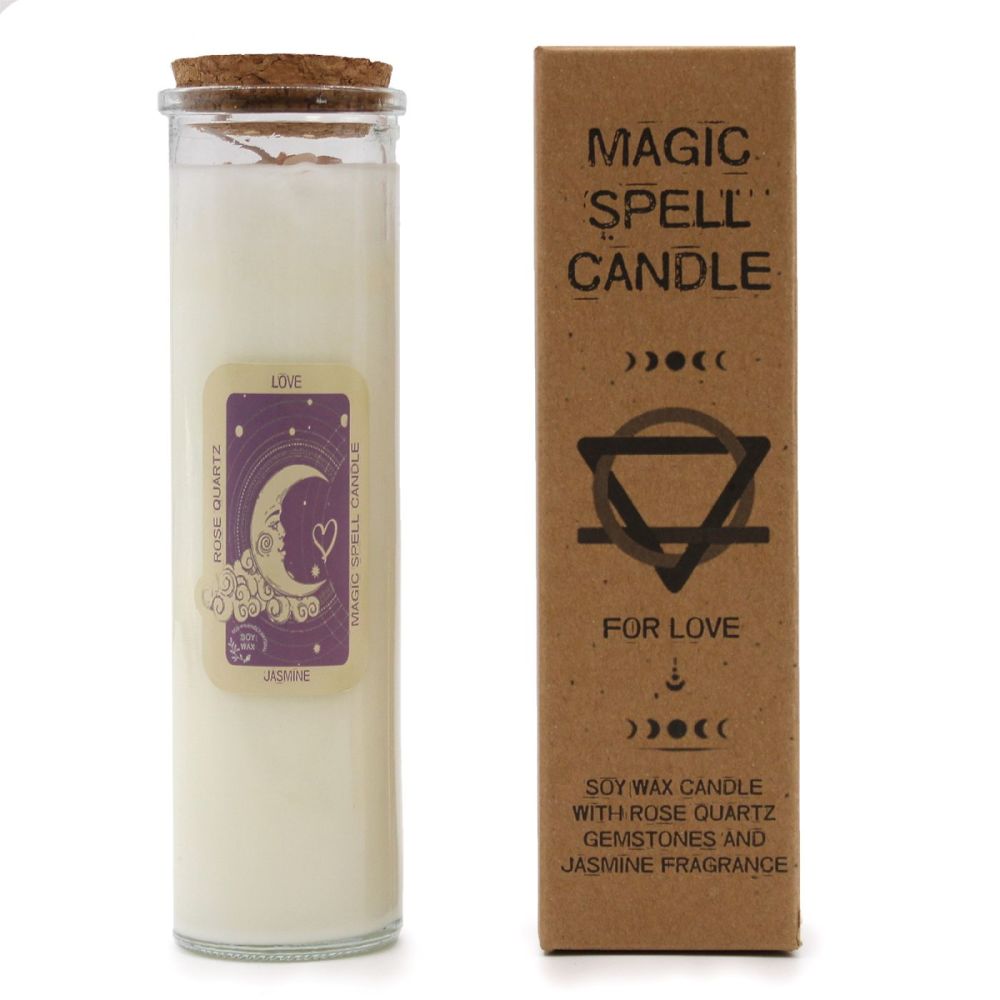 Magic Spell Candle for LOVE with Rose Quartz Crystal Gemstones gift boxed