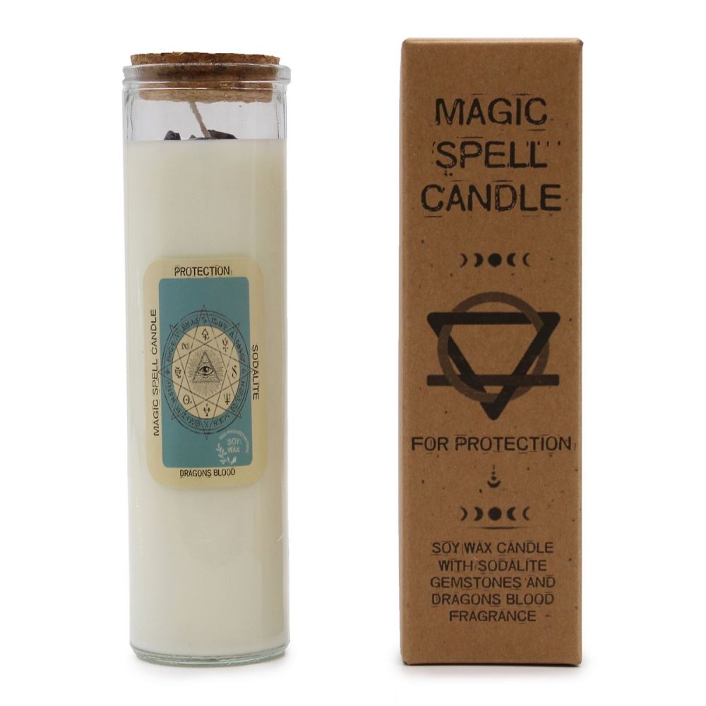 Magic Spell Candle for PROTECTION with Sodalite Crystal Gemstones