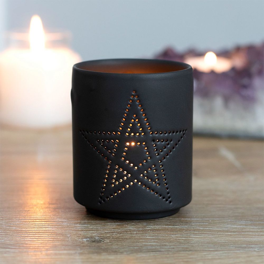 Pentagram Black Cut Out Tealight Candle Holder (stock)