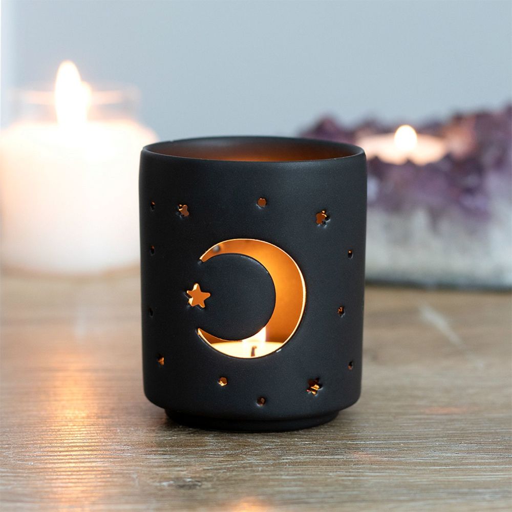 Mystical Moon Stars Black Cut Out Tealight Candle Holder