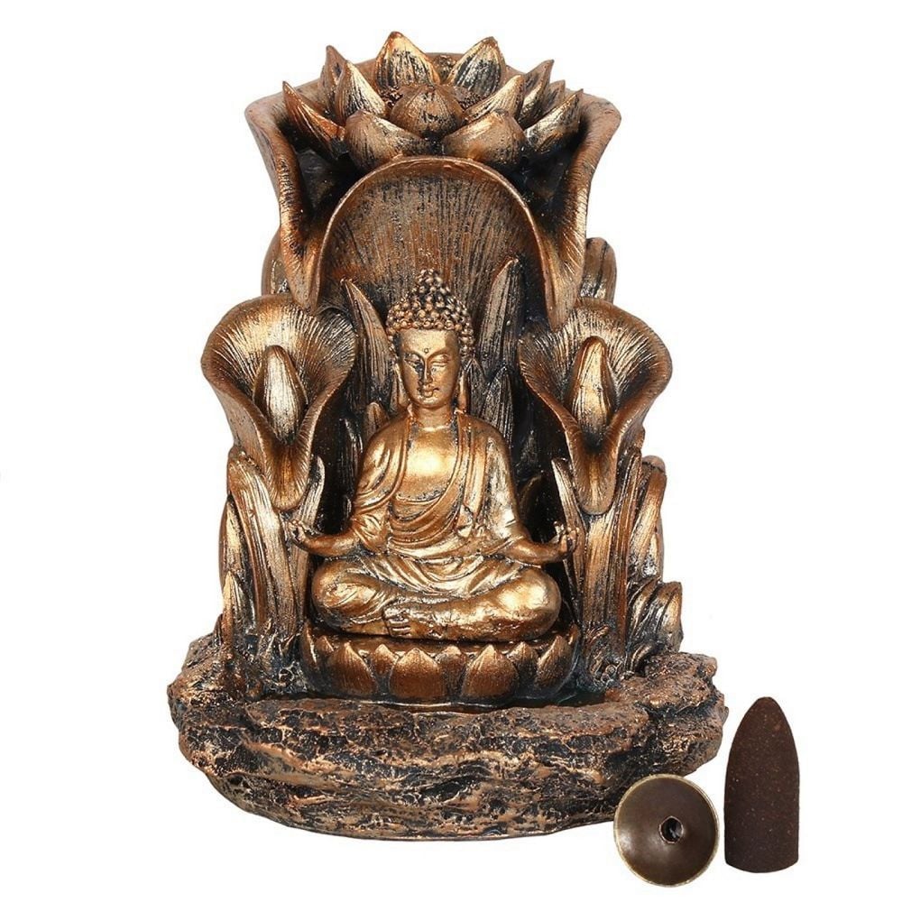 Buddha and Lotus Flower Bronze Incense Burner for Backflow Cones
