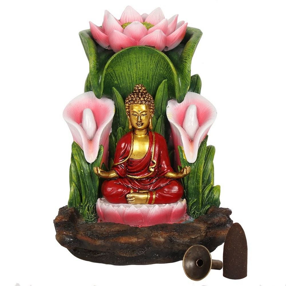 Buddha and Lotus Flower Colourful Incense Burner for Backflow Cones